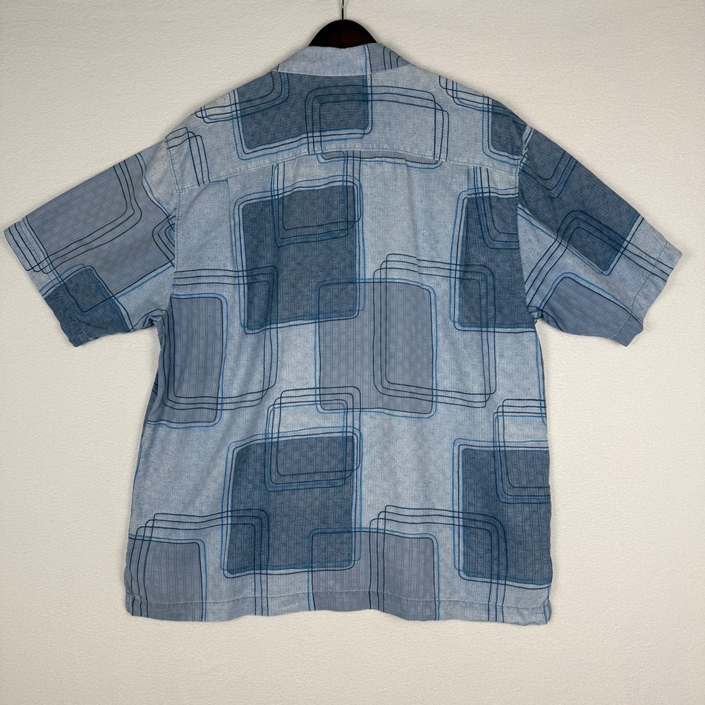 Tommy Bahama Mens L Blue 70s Geometric Square Print 100% Silk Short Sleeve Shirt - Picture 3 of 9